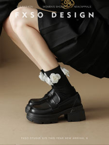 Black Thick Bottom Loafers Womens Shoes Heightening Small Leather Shoes Fashionable Retro Style round Toe mid Heel Rubber Sole