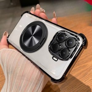 Luxury 360° Rotating Magnetic Bracket Case For Xiaomi 17T 15T 14T 17 Pro Max Plating Edge Clear Four-coner Anti-Drop Phone Cover