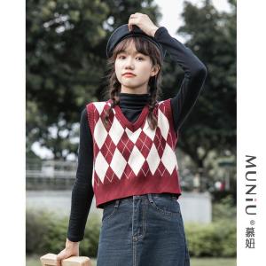 Retro Diamond Grid Womens Vest Spring Autumn New Style V-neck Short Knitted Loose Shoulder Pad Trendy Outerwear