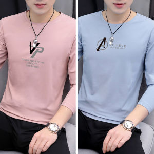 เสื้อยืดแขนยาวผ้าฝ้ายแท้สำหรับผู้ชาย ฤดูใบไม้ร่วง ฤดูใบไม้ผลิ เสื้อชั้นในสีขาว ทรงสลิมฟิต พิมพ์ลายเรขาคณิต ปกติ