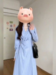 Plus Size Ladies French Minority Stylish Blue Stripes Long Sleeves Shirt Dress Womens Summer Waist-Tight Slimming Long Dress