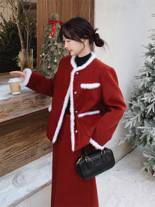 Red Chinese Style Set Dress Womens Cotton Jacket Skirt Two-Piece Suit Winter New Fashion Elegant Misses Coat Dress
