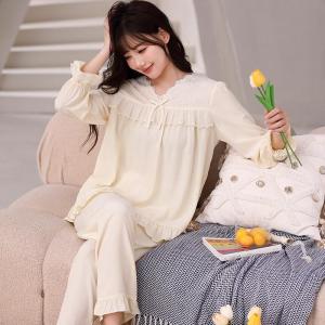 Womens Silk Cotton Pajamas Comfortable Lace Home Clothes Nine-Sleeve Long Pants Ladies Celebration Set Spring Summer New Model