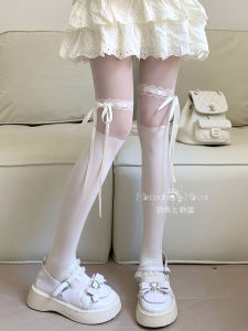 Butterfly Knot Spliced Thin White Stockings Womens Summer Milk Bear And Milk Cat Lolita Socks Pure Desire JK Pantyhose
