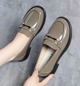 British Style Shiny Leather Womens Slip-On Shoes Soft Bottom Anti-Slip Versatile Fashionable round Toe mid Heel Rubber Outsole