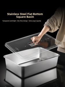 Thickened Rectangular 304 Stainless Steel Flat Bottom Food Tray with Transparent Lid Display Tray Buffet Serving Tray