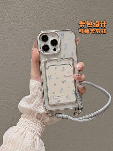 Blue Floral Silicone Phone Case for 15Pro Max 14Pro 13 Soft Card Holder Strap Card Insertion Girl 12 17Air Korean Style