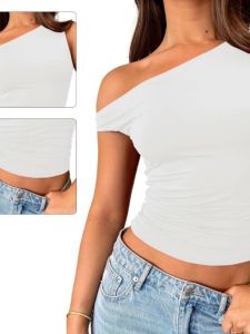 Slim Fit Short off Shoulder Top Solid Color Street Style Womens T-shirt Summer Thin Material No Sleeve Pure Color Design