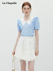 La Chapelle Womens Short Sleeve Shirt Pleated Texture Collar Commute Korean Style Polyester Fiber Pure E-commerce Sale