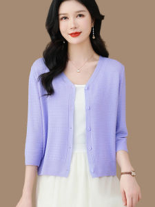 Short Thin Ice Silk Knitted Open Cardigan Women Summer Top for Skirts Low round Neck Korean Style Regular Sleeve Length Cardigans