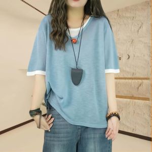 เสื้อยืดคอกลมแขนสั้นผ้าฝ้ายหลวมสำหรับผู้หญิง ฤดูร้อน 2025 แฟชั่นสีบล็อก ไซส์ใหญ่ เสื้อยืดคอกลมแขนสั้นแบบลำลอง