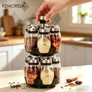 Upgraded Spice Jar Glass Storage Rack Rotating Glass Seasoning Jar Holder Sugar Pepper and Salt Shaker Rack Kitchen Storage Rack