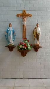 BỘ BÀN THỜ  CÔNG GIÁO KỆ GỖ NÂU 3 KỆ RỜI TƯỢNG ĐỨC MẸ THÁNH GIUSE CAO 50CM VÀ THÁNH GIÁ CHÚA CHỊU NẠN 66CM