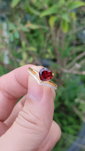 แหวนพลอยโกเมนจันทบุรี (Garnet) ตัวเรือนเงินแท้92.5%ชุบทองคำ พลอยสีแดงอมน้ำตาล เนื้อใส ไซส์นิ้ว 56 เบอร์ 8US มีใบรับประกัน