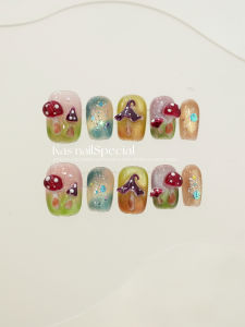 Hand-Painted 3D Forest Adventure Gradient Wearable Nail Art Pure Handmade Artwork Mushroom Sprite Design Long-Lasting Nail Tips