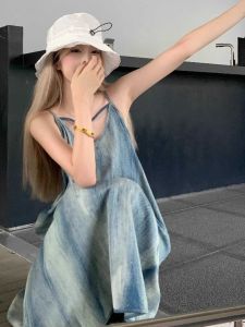 ชุดเดรสยาวแขนกุดสไตล์วินเทจอเมริกัน ชุดเดรสยาวชายหาดฤดูร้อนสำหรับผู้หญิง ชุดเดรสยาวเอวสูง แขนกุด คอวี ทรงเอ