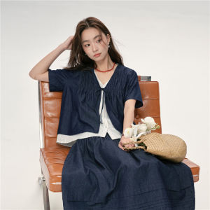 Designer Giordano Womens Short Sleeve V-Neck Denim Shirt Striped Patchwork Commute Style Korean Loose Fit Cotton Blend