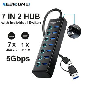 Kebidumei | KEBIDUMEI 7 in 2 All USB 3.0 Hub with Individual Off/On Switch 5Gbps USB Splitter USB C Hub USB 3.0 Expansion for Laptop Macbook