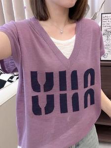 Áo thun tay ngắn lụa băng dáng rộng cho nữ Trang phục thời trang mùa hè Quần áo làm việc cỡ lớn có chữ cái/mẫu số