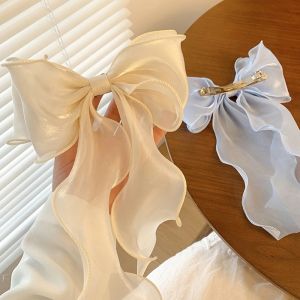 2Pcs Sweet Chiffon Bow Hair Clips Girls Blue Shining Satin Bowknot Hair Clips Ribbon Bow Barrette Hairpin Grip Ponytail Clip Headwear
