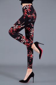 Spring & Fall Brushed Milk Silk Color Graffiti Printing Gingham Red Flower Tide Outwear Leggings Large Stretch Womens Pants Flower Pants