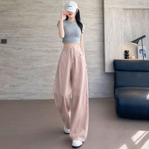 Pink Knife Edge Jeans Womens High Waist Loose Straight Leg Pants Wide Leg Trousers for Pear Shaped plus Size Ladies
