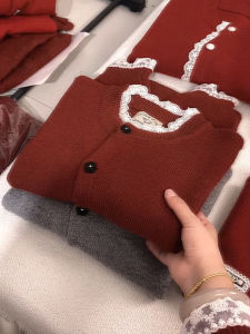 QINGNAER | Big Warm Lace Red Sweater Cardigan 2025 Autumn Winter
