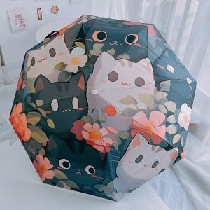 ร่มพับแบบพกพาลายแมว Adorable Black Glue ร่มกันแดดกันยูวีสำหรับผู้หญิง ร่มกันฝนแบบอัตโนมัติ ร่มกันฝนสองทาง