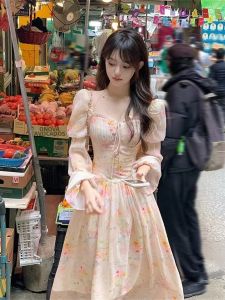 French Floral Print Tea Break Dress Womens Early Autumn 2024 Elegant Long Sleeve A-Line Gown with Waist-Cinching Flounce