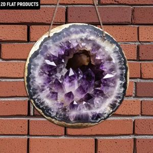 Purple Amethyst Crystal Cave Geode Wall Art Gold Edge Metal Decor Panel for Home Office Gift