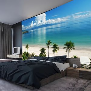 VIKAMA Tropical Beach Wall Tapestry Palm Trees & Blue Ocean Design Aesthetic Healing Art for Bedroom Living Room Decor