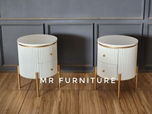 Meja Nakas Silinder Salur Duco Putih Laci Dua