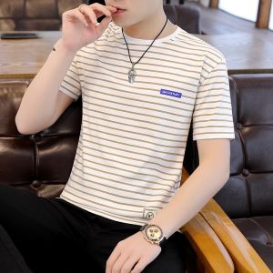 เสื้อยืดแขนสั้นผู้ชาย ทรงสลิมฟิต คอตตอนแท้ ทรงบาง ลายทาง สวมใส่สบาย สำหรับฤดูร้อน แฟชั่นลำลอง สำหรับวัยรุ่น