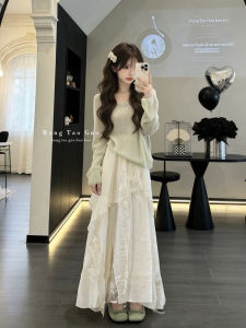 XUECAIQI | French Style Spring Set Outfit Square Neck Knitted Top Lace Irregular Skirt