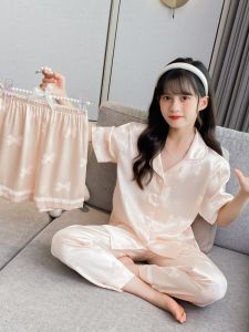 Girls Summer Sleepwear Ice Silk Thin Air Conditioning Suit Three Piece Set Childrens Home Clothes Breathable Casual Style