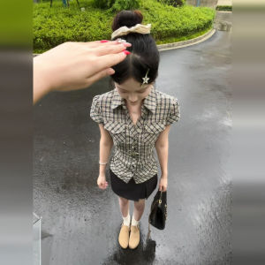 Retro American Plaid Short Sleeve Shirt Women Summer Slim Fit Waist Cinched Beautiful Brown Top Sweet Style Regular Sleeve Cotton Polyester Blend