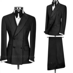 New Style 2 PCS Mens Wedding Tuxedos Peak Lapel Double Breasted Blazer And Pants Formal Groom Wear Casual Party Prom Suits Set