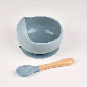 2 Pcs Baby Silicone Bowl Food-grade Silicone Suction Cup Childrens Bowl Wooden Handle Spoon Set Anti-skid Kids Dishes BPA Free