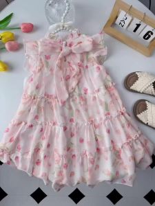 Melario | Summer New Pink Sweet and Cute Princess Dress for Girls Aged 2-7 Birthday Party Flower Printed Lace Bow Clothes