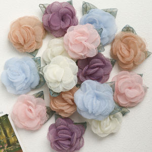 2/4Pcs 5.5CM Organza Chiffon Fabric Artificial Flower With Leaves for Wedding Dress Decor Home Accessories DIY Fake Flowers