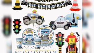 Police Car Theme Party Decorations Set Kids Birthday Disposable Tableware Paper Plates Paper Cups Napkins Banner Foil Balloons Large Tablecloth Backdrop Kit Police Officer Badge Patrol Birthday Decorations Boy Girl Party Packs Tableware Set
