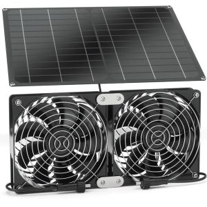 NEW Solar Powered Dual Fan with 15W Solar Panel Low Noise Cooling Exhaust Fan for Dog House Chicken Coop Greenhouse Ventilation
