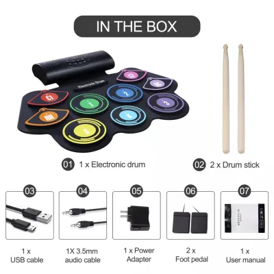 กลองไฟฟ้า 9แผ่นอิเล็กทรอนิกส์ Roll Upซิลิโคนคู่ลำโพง ไฟฟ้ารองรับ USB MIDI
