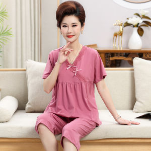 MiiOW | MiiOW Ice Silk Sleepwear Short Sleeve Home Clothes Set For Mom Summer Lightweight Plus Size Womens V-neck Pullover Polyester Blend