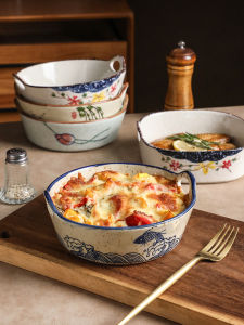 Underglaze Ceramic Double Ear Baking Tray Fruit Salad Breakfast Dish for Girls Dormitory Simple Japanese Style Dinnerware Plate