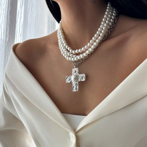 Ingemark | Ingemark Multilayer Imitation Pearl Chain Necklace Women Trendy 2025 Goth Big Jesus Cross Pendant Choker New Year Jewelry Gift