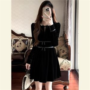 Elegant Velvet Dress for Women High Waist KTV Costume Long Sleeve Formal Occasion Party Gown Sophisticated Small Stature