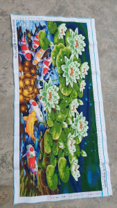 THÊU SẴN Tranh thêu chữ thập cửu ngư quần hội cá chép hoa sen MN0203 160*75cm thêu kín