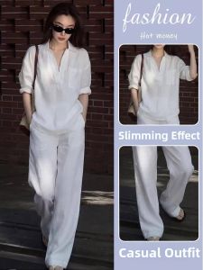 LIANGYILAILIN | UV Protection Casual Shirt & Pants Set for Spring Summer Women White 2-Piece