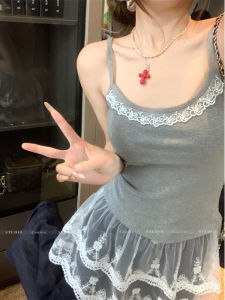 Áo Ba Lỗ Ren Không Tay Màu Trắng Dành Cho Nữ Mùa Xuân Hè 2025 Áo Ba Lỗ Màu Xám Mới Áo Lót Cổ Chữ V Tay Ngắn Thường Ngày